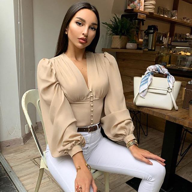 Lantern Long Sleeve Blouse V Neck Crop Top